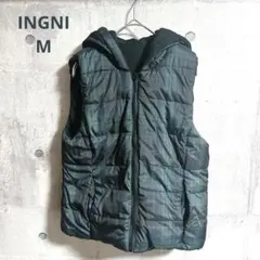 イング　リバーシブルダウンベスト フード付き チェック　黒 緑　カーキ　a313