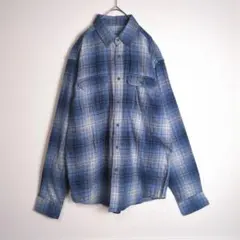 ネルシャツ (M) アメカジ オーバーサイズ オンブレチェック柄 紺色 古着