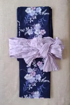 紺色花柄浴衣・薄紫色帯セット
