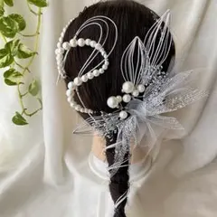 パールの髪飾り　卒業式　袴髪飾り　シルバー　パール　金箔付　水引付　結婚式