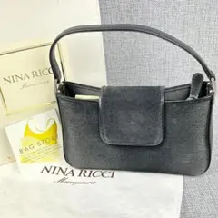 未使用ニナリッチ◆ワンハンドルバッグ キラキラ生地＆マスターカーフレザー本革 黒