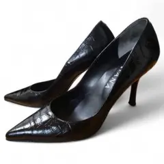 DIANA クロコ型押し パンプス 黒 ポインテッドトゥ 23.5cm 本革