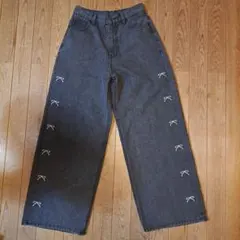 GRLリボン刺繍ストレート デニムパンツ［nh149］