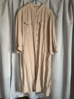 Zara ベージュ リネン　8分袖　シャツワンピース サイドスリット