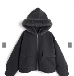 ★新品★ ファーフードダブルジップフェイクウールブルゾン