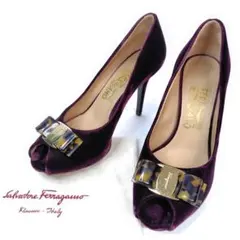 ★美品★フェラガモ パンプス 6C ベルベット ピンヒール パープル