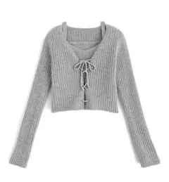 グレイルのリブ編みグレークロップドカーディガン