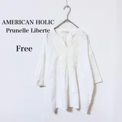 アメリカンホリック◇刺繍チュニックブラウス Vネック 白 フリー 綿100%