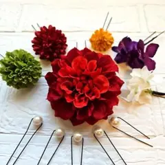 布製花飾り 6個セット 　ヘアピン付き