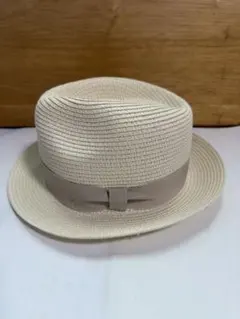 アイボリー ストローハット ベージュリボン