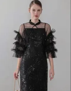 パールフリルチュールボレロレイヤードIラインワンピースドレス結婚式パーティー