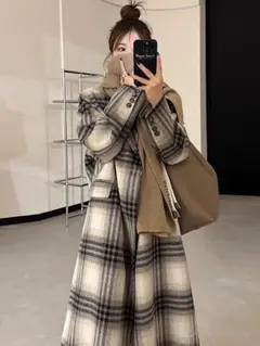 チェック柄ロングコート ベージュ・グレー系