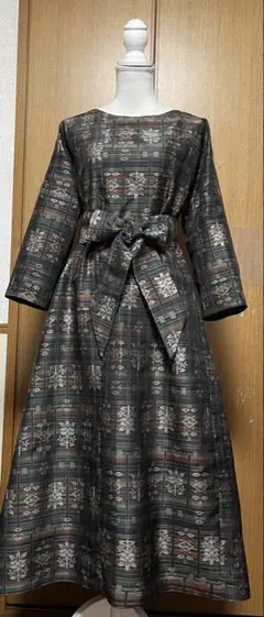 着物リメイク　紬のAラインワンピース　リボン(共布紐ベルト)付き