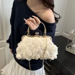 ラスト1点　パーティーバッグ ローズ がま口 クラッチ 2WAY チェーン 白