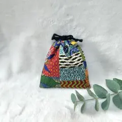 ハンドメイドの巾着袋　アフリカン調(オレンジ)