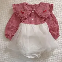 ギンガムチェックチュールロンパース　チェリー　90 韓国子供服