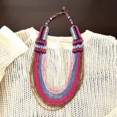 ビーズネックレス ピンク 青 金 紫 多層　夏 カジュアル