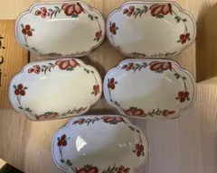 たち吉　赤絵　煮物鉢　花紋　深皿　楕円形　５枚揃未使用