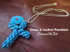 パラコード編み込み 水色ピンク石 クロスペンダント＆ロケットネックレス