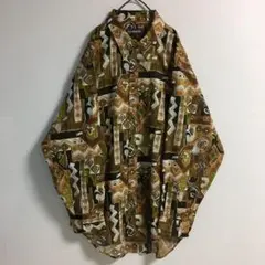 日本製 古着 奇抜 幾何学 抽象的アート 総柄 デザインシャツ 個性的 オレンジのサムネイル