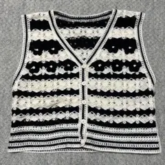ストライプ花柄透かし編みニットベスト