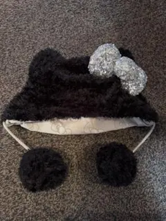 キティちゃん ファンキャップ　黒　リボン付き