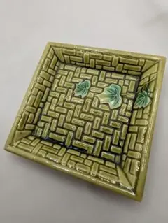 珉平焼 緑釉陽刻網代に蔦葉文 角小皿 豆皿 手塩皿 淡路焼 江戸期 骨董_27のサムネイル