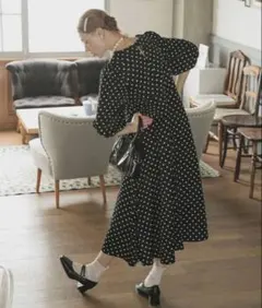 BONLECILL noir　パフスリーブ セーラーカラーフレアドレス　ブラック