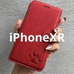 iPhoneXR 手帳型ケース　本革　牛皮　赤　肉球　犬　猫　足あと　シンプル