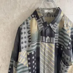 古着　総柄シャツ　アート　幾何学　ドット柄　長袖シャツ ポリシャツ