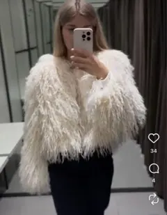 ZARA 毛皮 ファー モヘア　コート　ホワイト　アイボリー　ボリューム