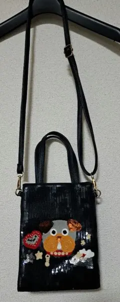 犬の刺繍付きブラックショルダーバッグ