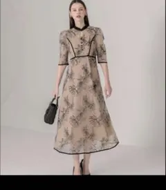 Leja 配色パイピングプチハイネック花柄刺繍ラメレースロング丈ドレスワンピース