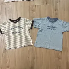 Petit main 半袖　100㎝　茶色ボーダー　水色　ロゴ