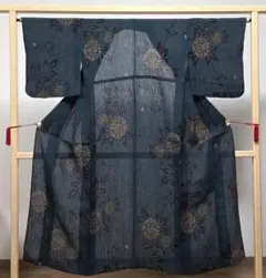 夏着物 浴衣 綿紅梅 型染 花唐草模様 藍御納戸色 しつけ糸 K-6011