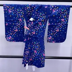 ★4365★ 浴衣 女の子 キッズ ゆかた 紺色地 カラフル水玉 金魚