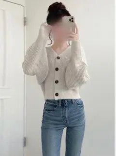 GRLリブ編みライトグレーVネックカーディガン