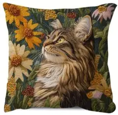 刺繍風　クッションカバー　ノルウェージャン　メインクーン　猫　ネコ　ねこ