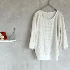 VIS　五分袖レースカットソー　Mサイズ トップス　ホワイト