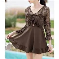 長袖クロップドトップス+カットアウトフリルワンピ風オールインワン水着2点セット