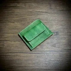 経年変化 二つ折り 財布 生成り 手縫い ヌメ革 本革 牛革 革財布 グリーン
