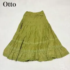 【オットー】プリーツフレアロングスカート(S)ウエストゴム 綿100% オリーブ