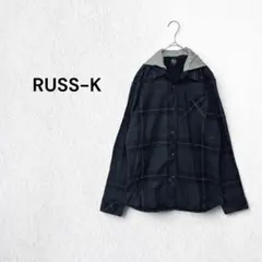 ラスケー RUSS-K フード付き チェックシャツ 長袖 ブラック系 綿100%