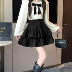 ハイウエスト ティアード　フリルミニスカート 黒 韓国 量産型 地雷系　L