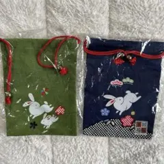 和風の巾着袋2点セット　うさぎ柄　百貨店