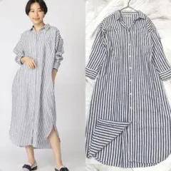 サマンサモスモス　コットンリネンロングシャツワンピース　ブルー　ストライプシャツ