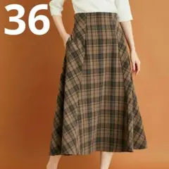 チェック セミマーメイドスカート キャメル 36 S M ウエストゴム ロペ