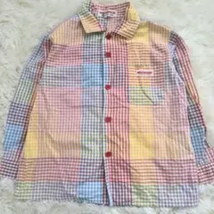 美品 ミキハウス マルチカラー チェック柄 長袖シャツ 100 クマワッペン付
