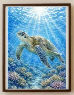 海亀とタツノオトシゴ、熱帯魚、サンゴ礁が描かれた色彩豊かな海中