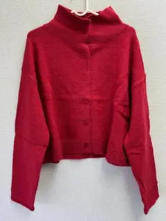 ハイネック ニットカーディガン レッド L レディースショート丈 ボタンニット
